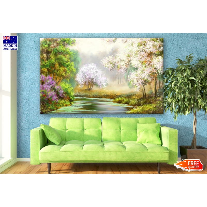 Water Stream Between Flower Trees Painting Print 100% Australian Made