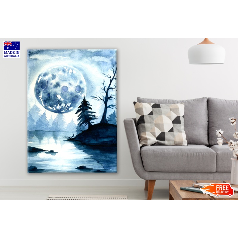Watercolor Dark Forest Landscape with Moon Painting Print 100% Australian Made