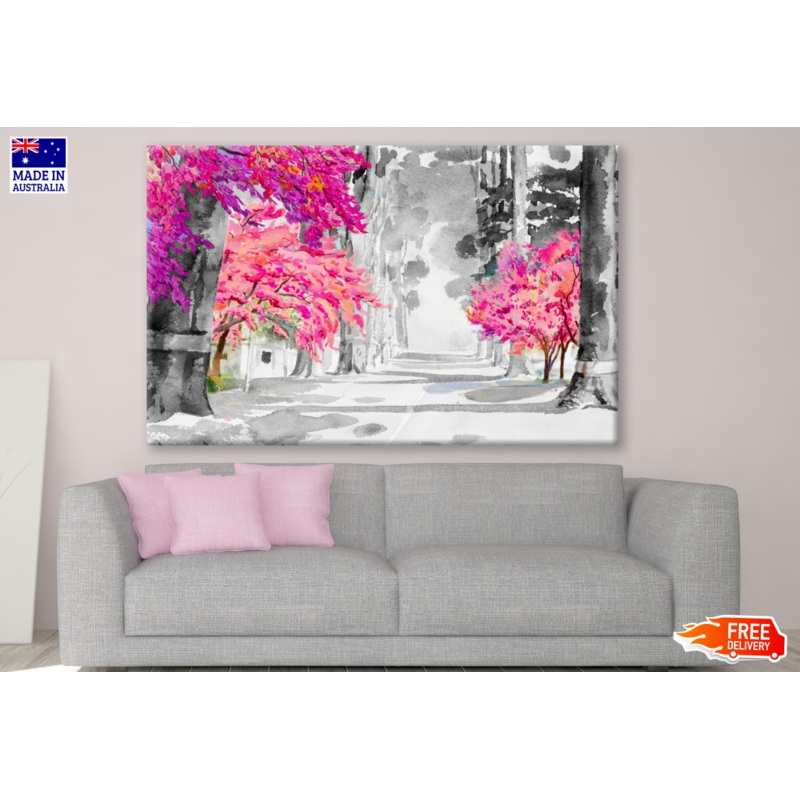 Watercolor Landscape Painting Black & White Tunnel of Trees with Pink Cherry Blossom Painting Print 100% Australian Made