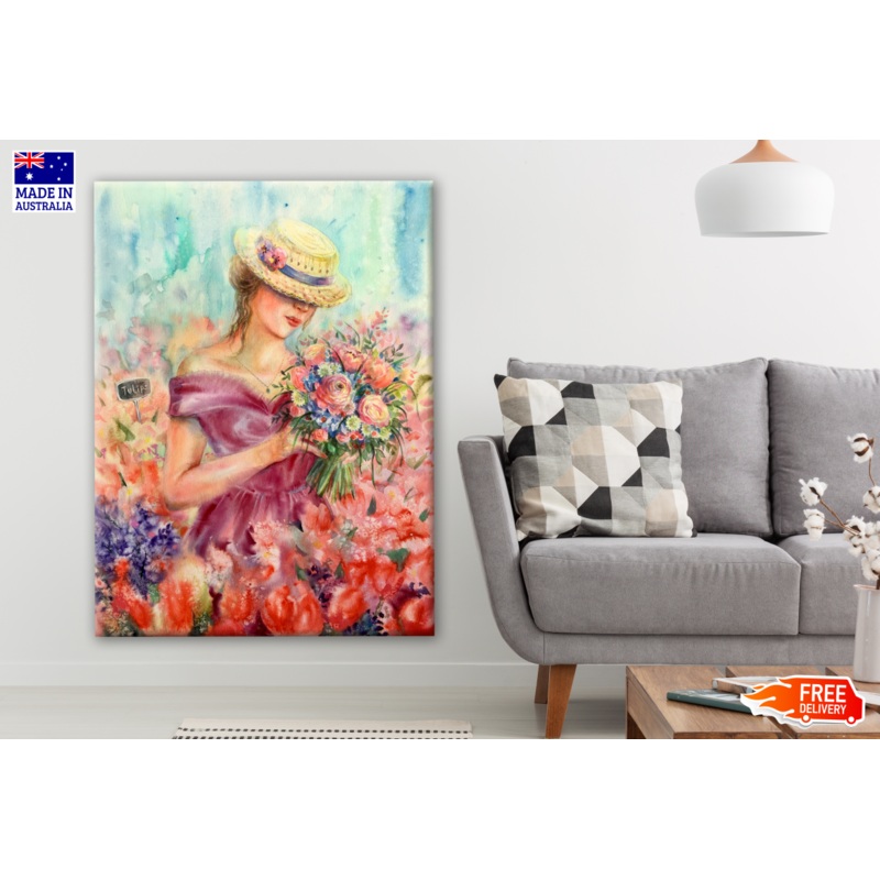 Woman in a Flower Field Holding a Flower Bouquet Painting Print 100% Australian Made