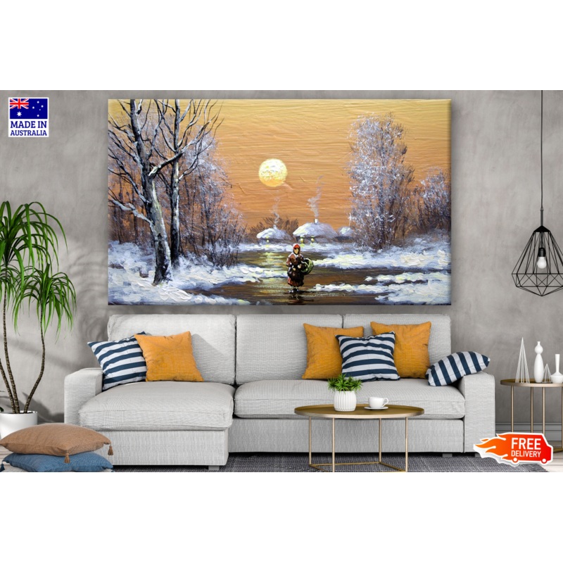 Woman Walking on Snow Ground Sunset Painting Print 100% Australian Made