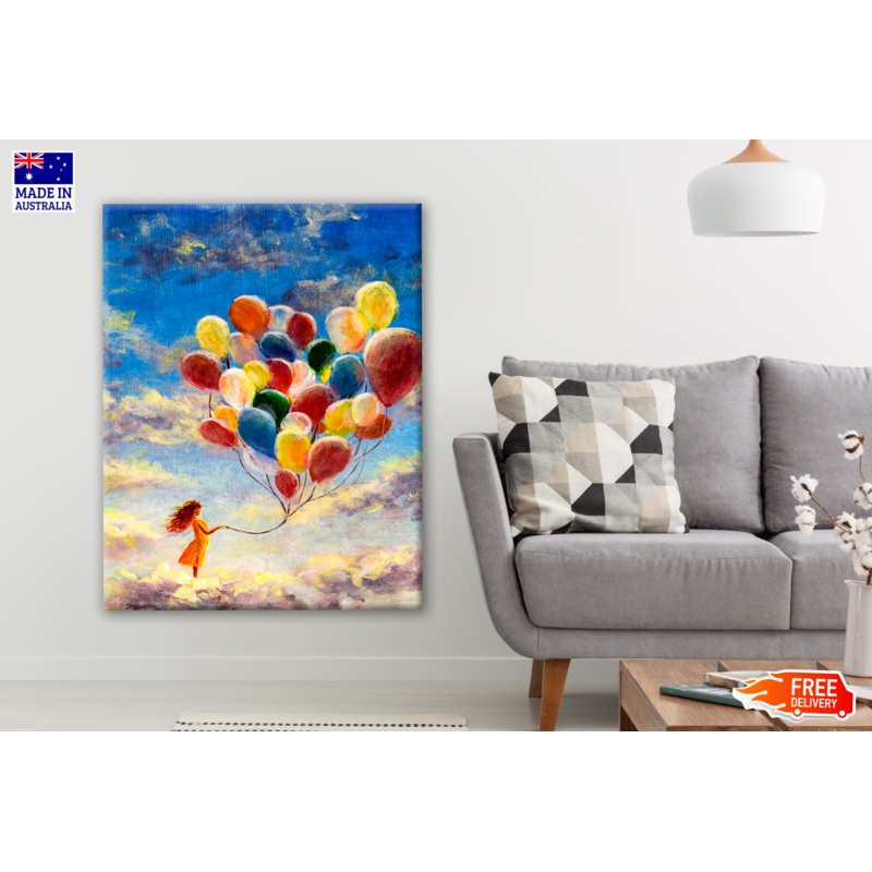 Woman with Flying Balloons on the Clouds Painting Print 100% Australian Made