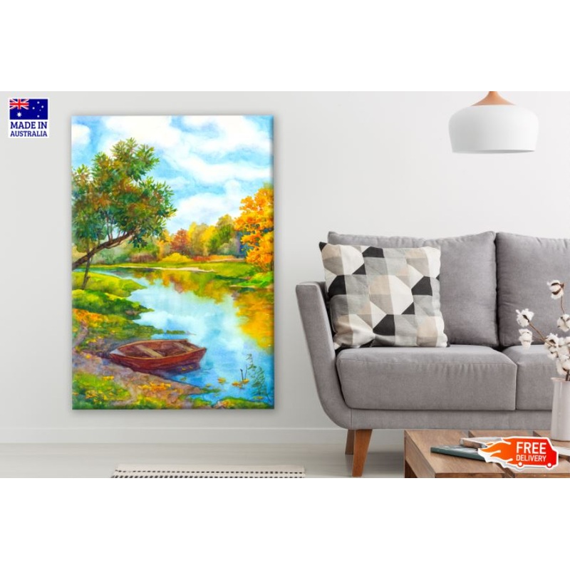 Boat on Lake in Forest Oil Painting Print 100% Australian Made