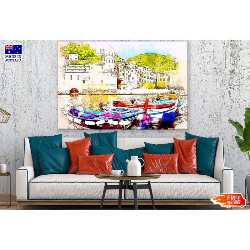 Boats on Canal in City Painting Print 100% Australian Made