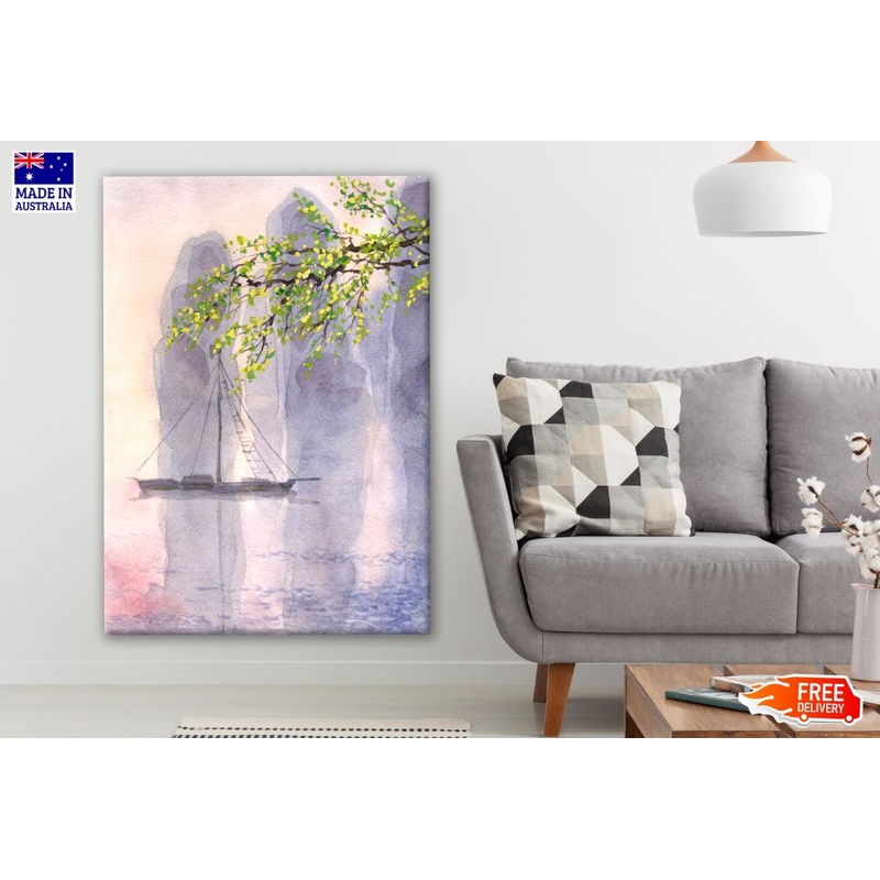 Tree Branch & Boat on Lake Watercolor Painting Print 100% Australian Made