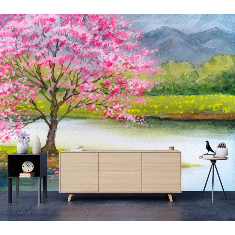 Wallpaper Murals Peel and Stick Removable Peach Tree & Lake View Scenery Watercolor Painting High Quality