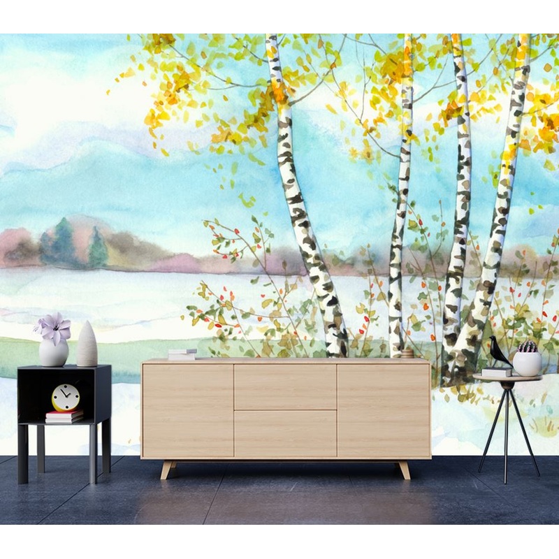 Wallpaper Murals Peel and Stick Removable Stunning Trees & Snowy Ground Watercolor Painting High Quality