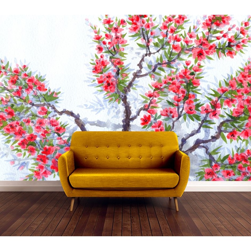 Wallpaper Murals Peel and Stick Removable The Bright Red Flowers & Lush Green Foliage Watercolor Painting High Quality