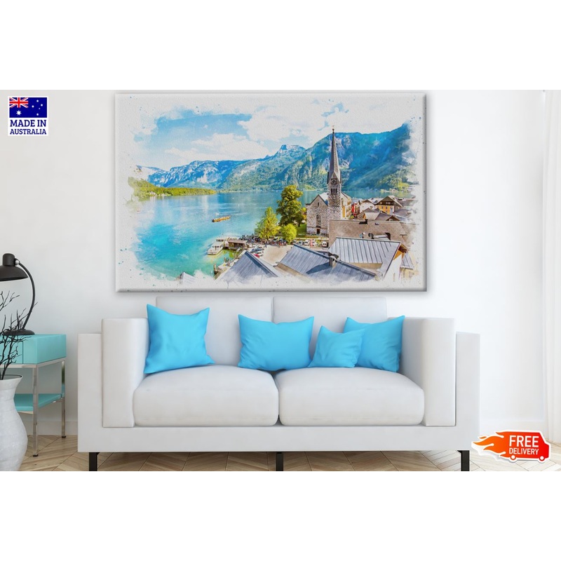 Watercolor Painting of Beautiful View Point of Hallstatt Painting Print 100% Australian Made