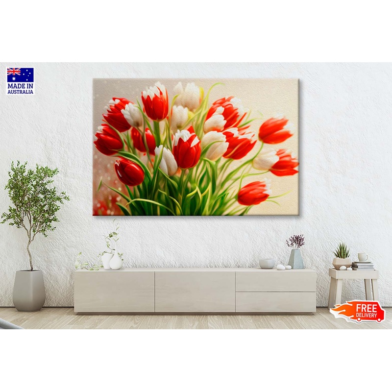 Bouquet of Red, White Tulips. Painted Flowers Wall Art Limited Edition High Quality Print