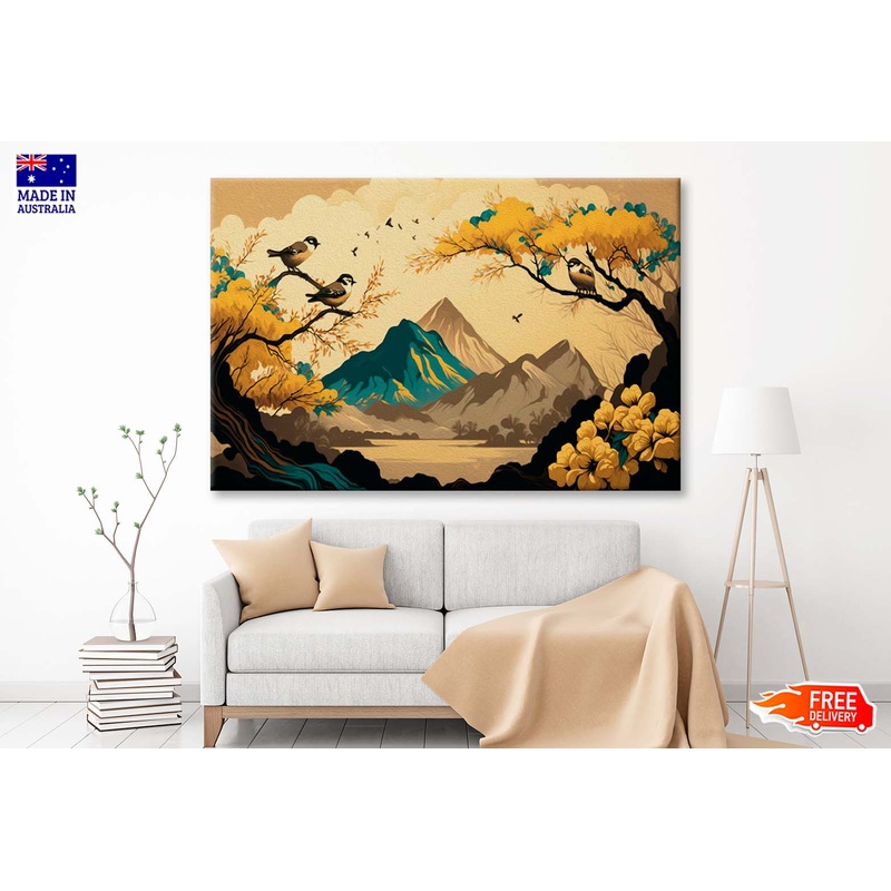Brown Trees with Golden Flowers and Turquoise Wall Art Limited Edition High Quality Print