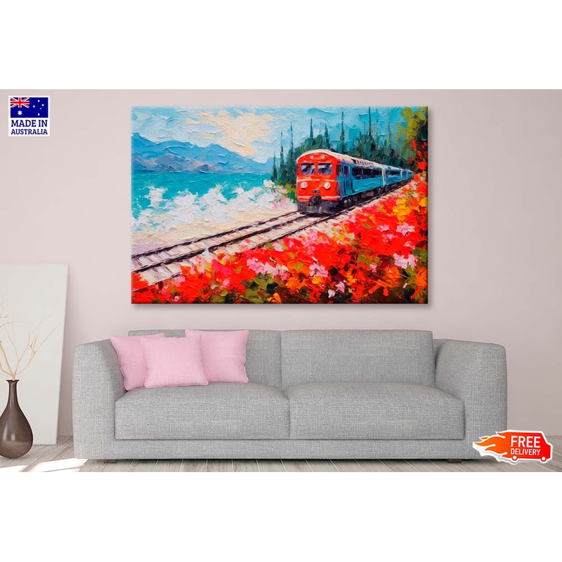 Coastal Railway Train & Flower Field Wall Art Limited Edition High Quality Print