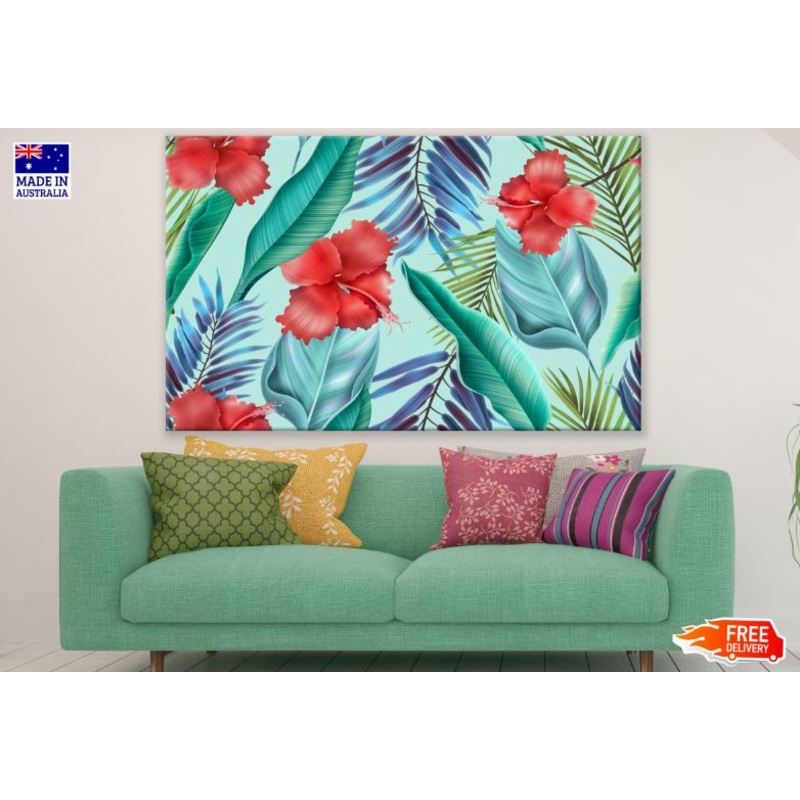 Tropical Leaves & Flowers Pattern Watercolor Painting Print 100% Australian Made