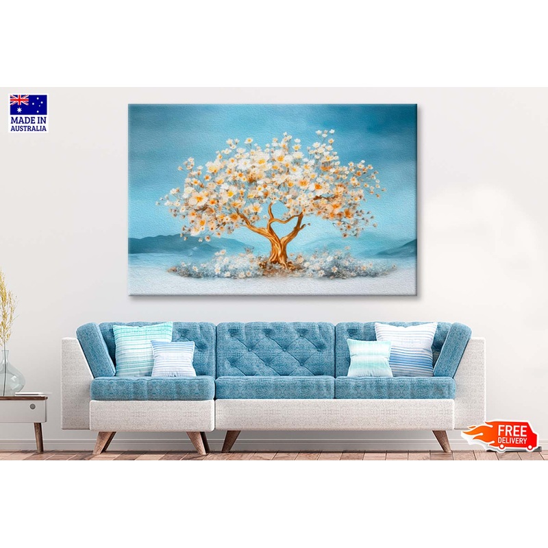 White Flower With Big Tree Oil Paint Wall Art Limited Edition High Quality Print