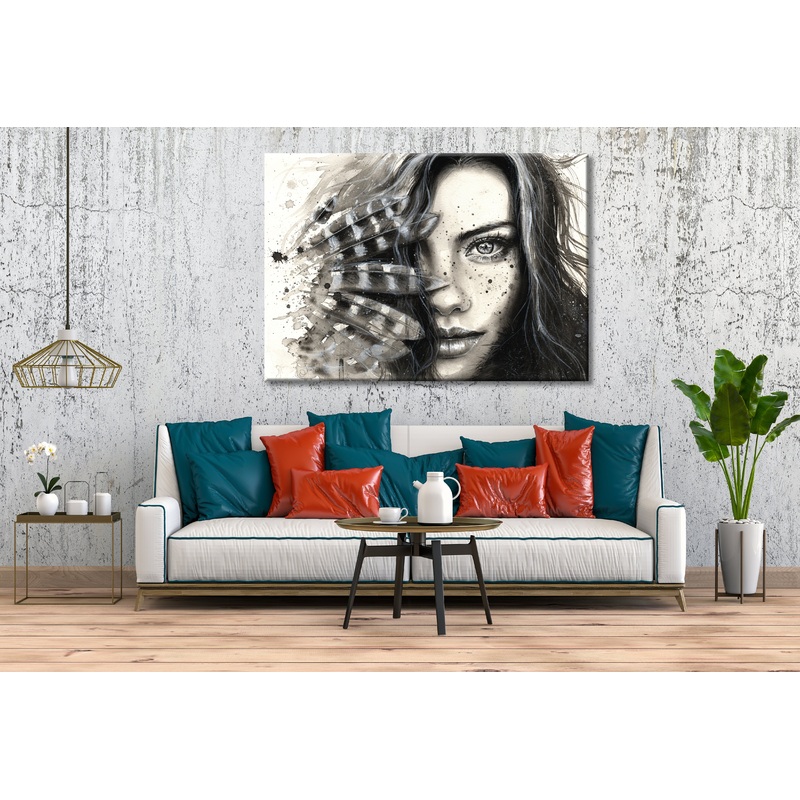 Watercolour girl face with feathers Art Print 100% Australian Made