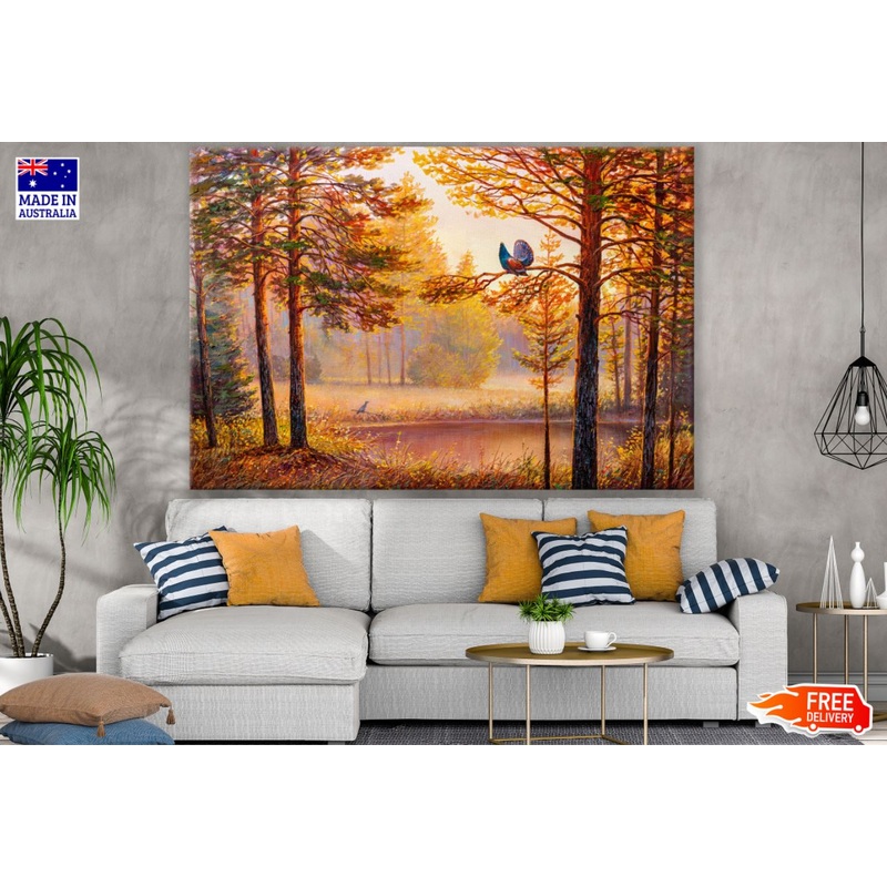 Bird in Forest Sunset Oil Paint Print 100% Australian Made