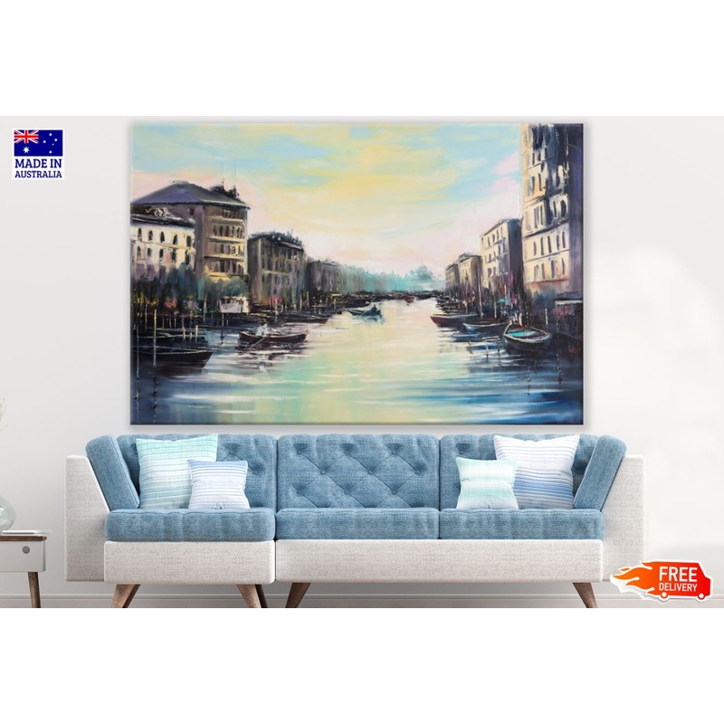 Boats on Canal Watercolor Paint Print 100% Australian Made