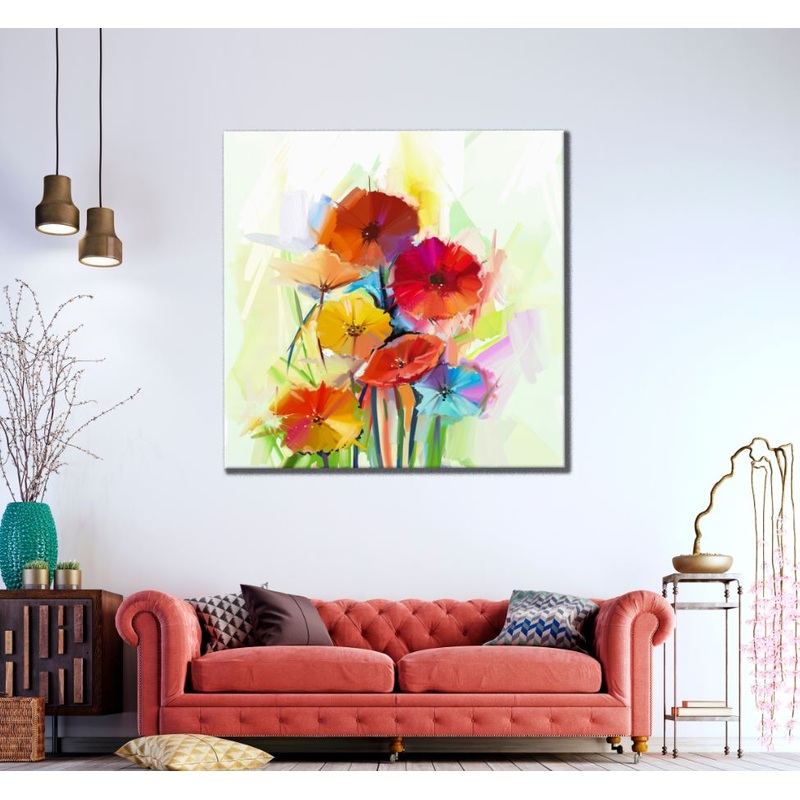 Square Canvas Red & Orange Flowers Painting High Quality Print 100% Australian Made