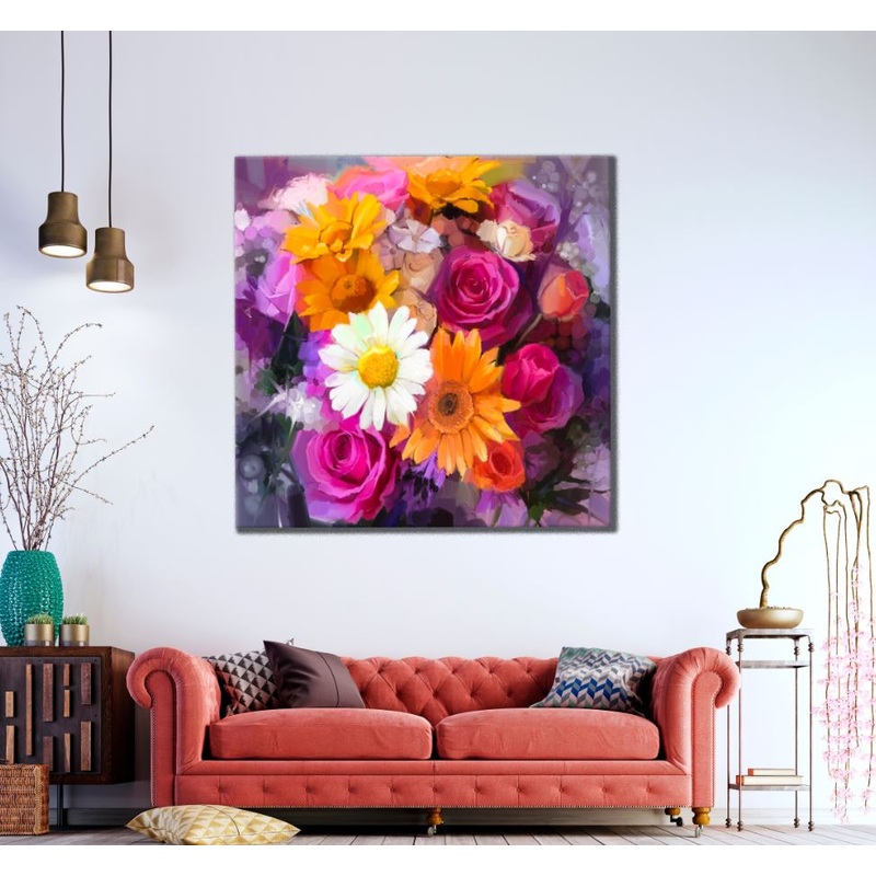 Square Canvas Red Orange & White Flowers High Quality Print 100% Australian Made