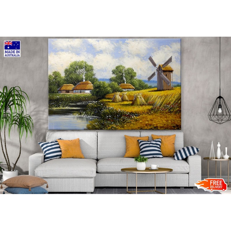 Windmill & Village Oil Painting Print 100% Australian Made