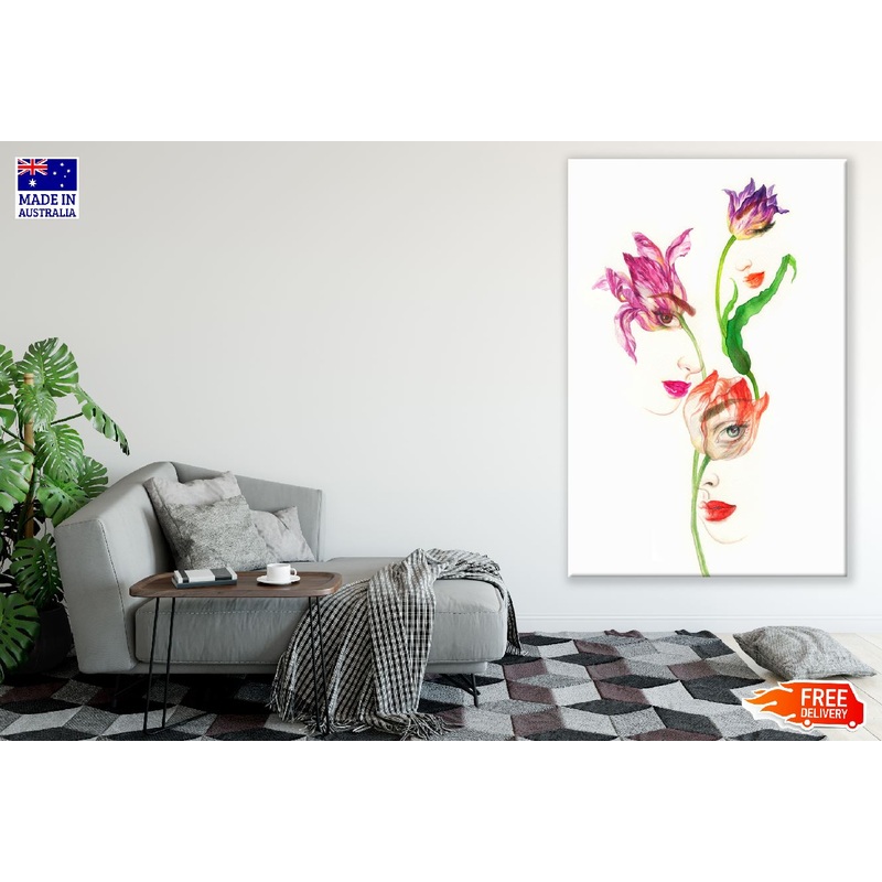 Woman Faces on Flowers Watercolor Painting Print 100% Australian Made