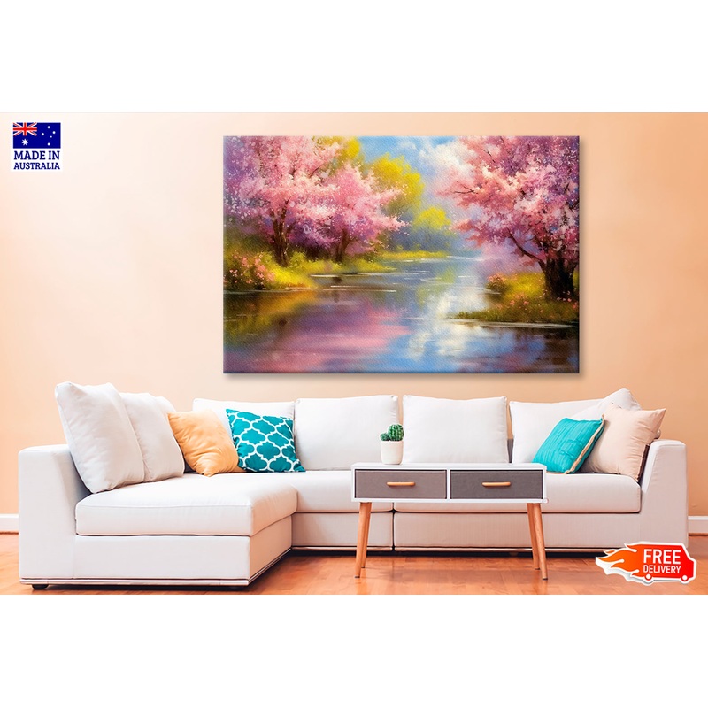 Blooming Sakura Trees on the River Oil Painting Wall Art Limited Edition High Quality Print