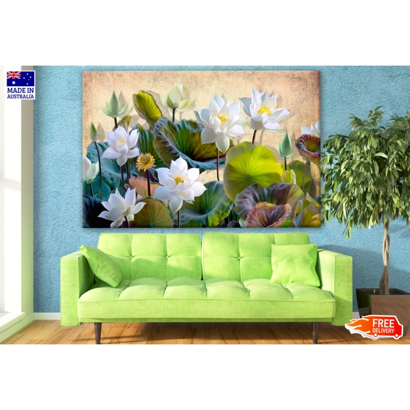 Blooming White Lotus Flowers with Green Leaves Painting Print 100% Australian Made