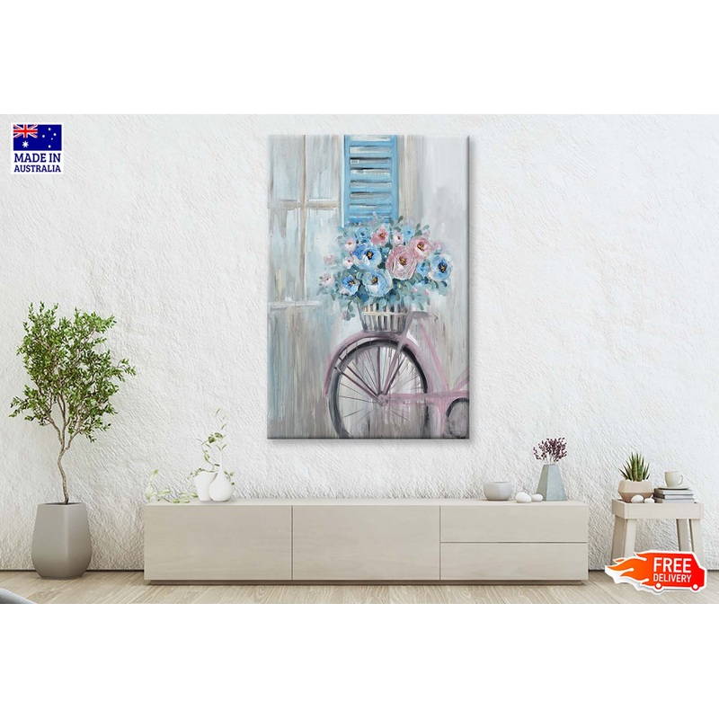 Blue Pink Flowers, Window & Bicycle Wall Art Limited Edition High Quality Print