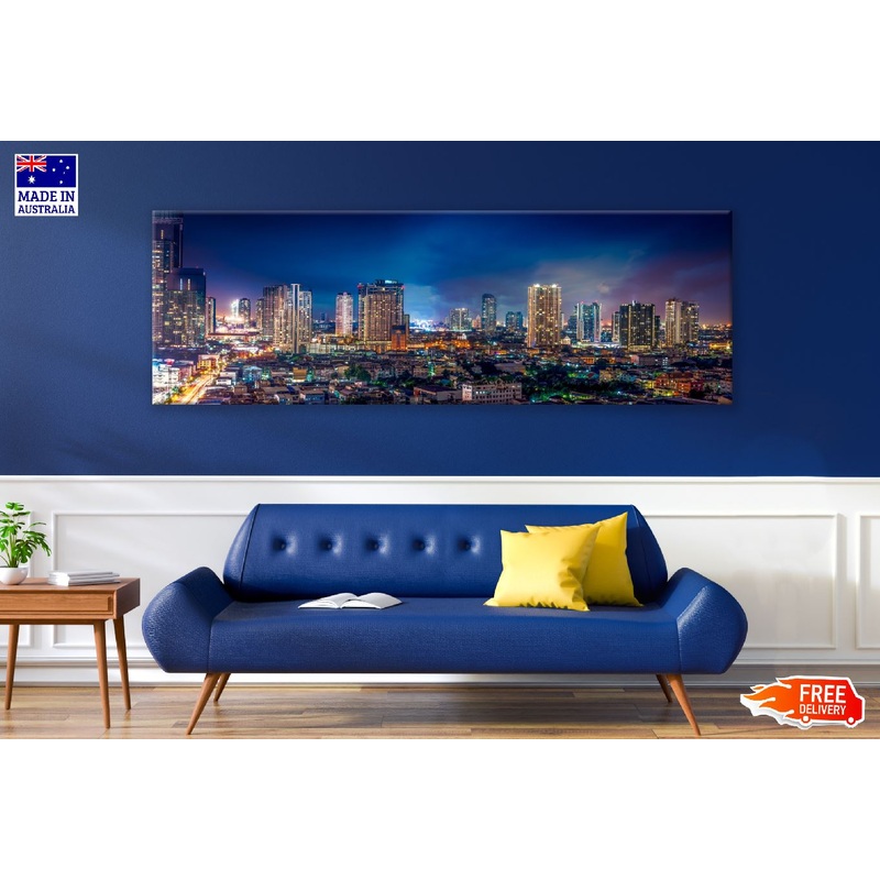 Panoramic Canvas Bangkok Cityscape Night Photograph High Quality 100% Australian Made Wall Canvas Print Ready to Hang