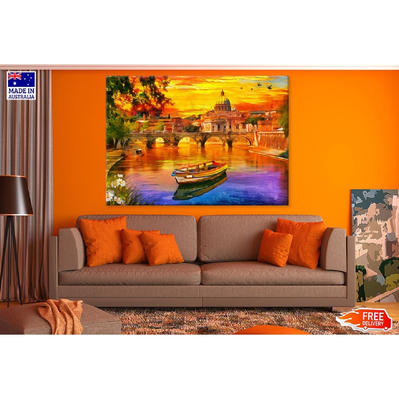 Tiber River with Boat Watercolor Painting Print 100% Australian Made
