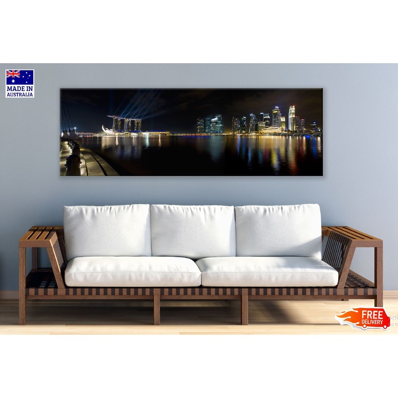 Panoramic Canvas Singapore City Night Photograph High Quality 100% Australian Made Wall Canvas Print Ready to Hang