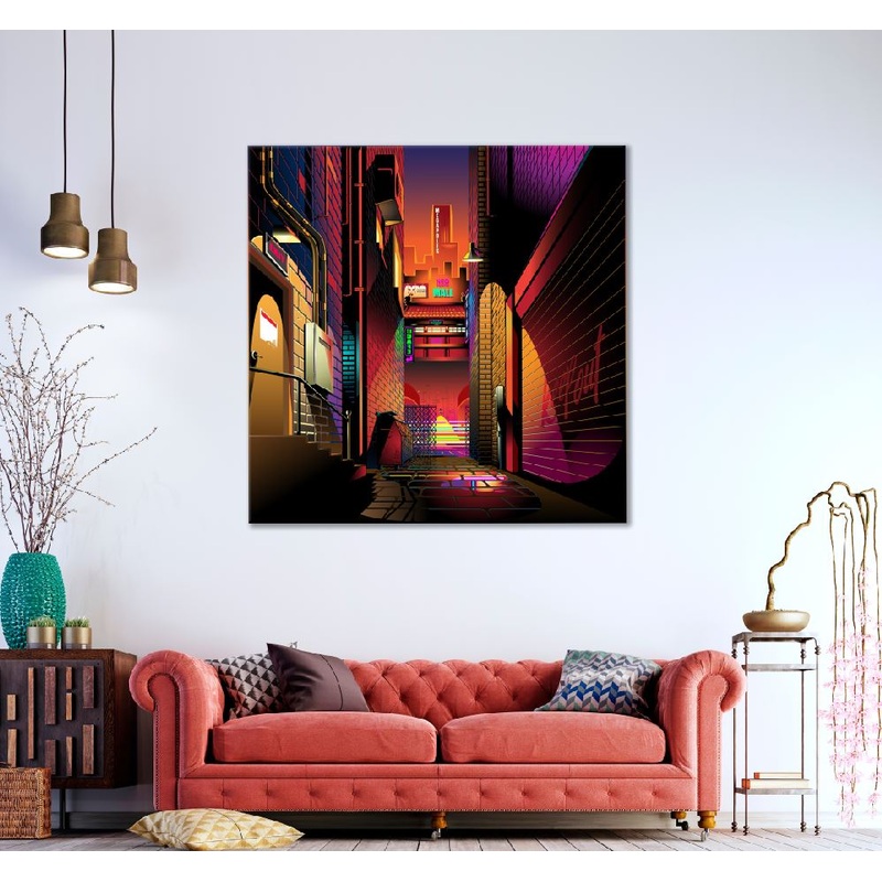 Square Canvas Dark City Alley Night View Photograph High Quality Print 100% Australian Made