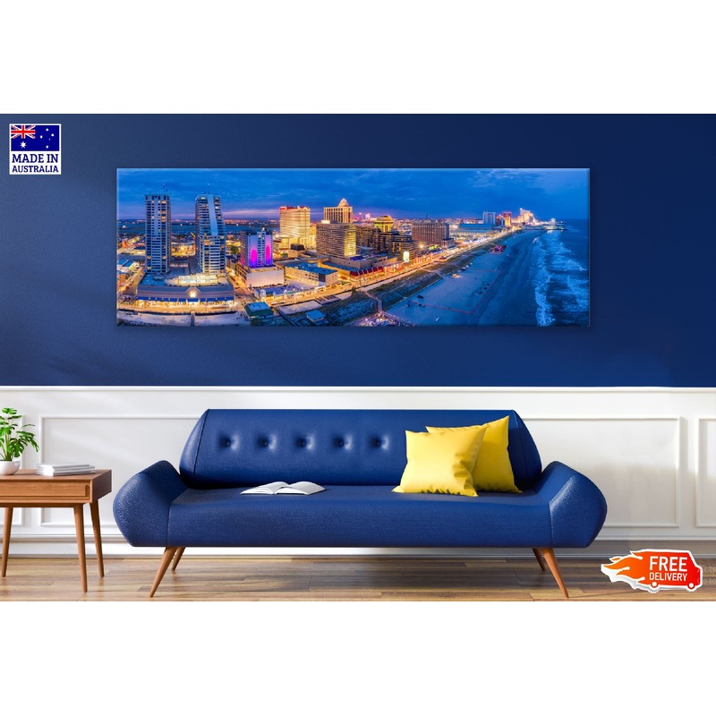 Panoramic Canvas Atlantic City Night Photograph High Quality 100% Australian Made Wall Canvas Print Ready to Hang