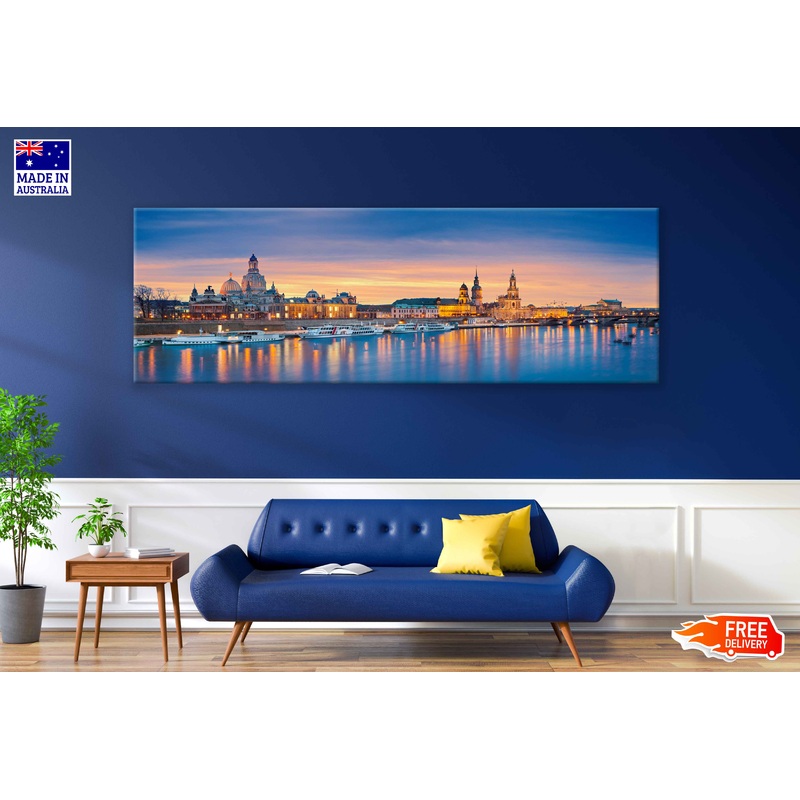 Panoramic Canvas Dresden Elbe Valley Port Night Photograph High Quality 100% Australian Made Wall Canvas Print Ready to Hang