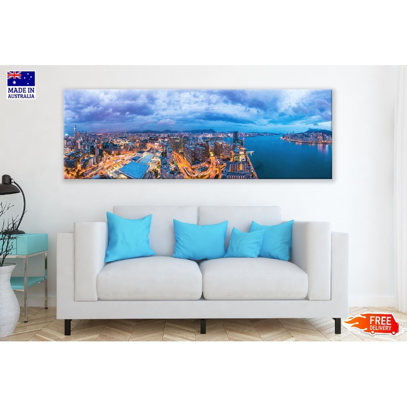 Panoramic Canvas Hong Kong Night City View Photograph High Quality 100% Australian Made Wall Canvas Print Ready to Hang