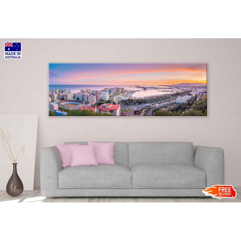 Panoramic Canvas Malaga City Sunset View Photograph High Quality 100% Australian Made Wall Canvas Print Ready to Hang