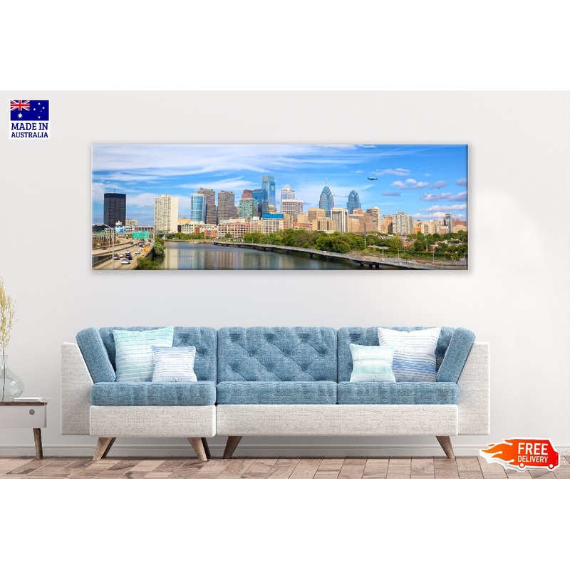 Panoramic Canvas Philadelphia City & Blue Sky View High Quality 100% Australian Made Wall Canvas Print Ready to Hang