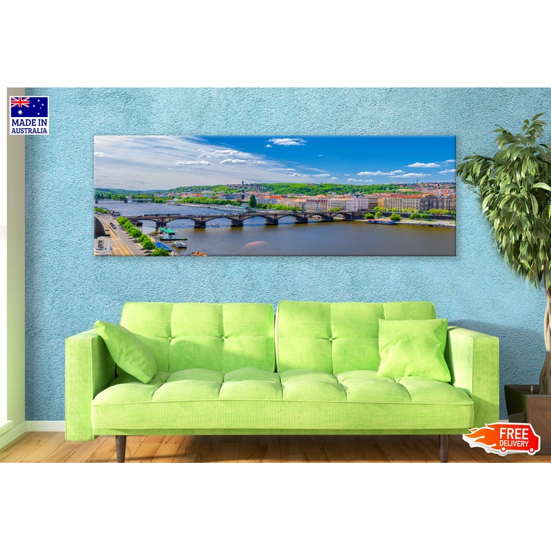 Panoramic Canvas Prague City & Bridge View Photograph High Quality 100% Australian Made Wall Canvas Print Ready to Hang