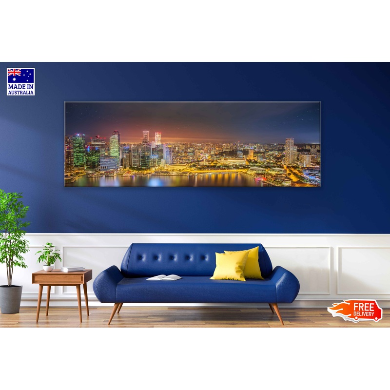 Panoramic Canvas Singapore City Night Skyline View High Quality 100% Australian Made Wall Canvas Print Ready to Hang