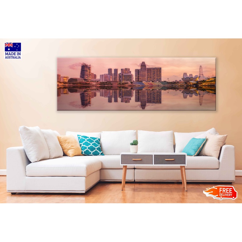 Panoramic Canvas Singapore Skyline Pink Sunset View High Quality 100% Australian Made Wall Canvas Print Ready to Hang