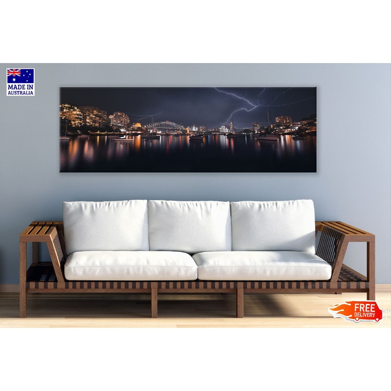 Panoramic Canvas Sydney Thunderstorm Night View Photograph High Quality 100% Australian Made Wall Canvas Print Ready to Hang