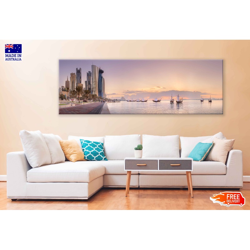 Panoramic Canvas West Bay & Doha City Skyline View High Quality 100% Australian Made Wall Canvas Print Ready to Hang