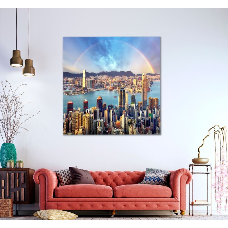 Square Canvas Rainbow over Hong Kong City View Photograph High Quality Print 100% Australian Made