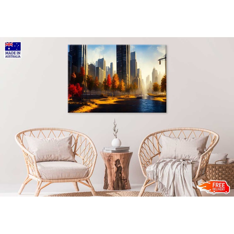 Autumn Trees & City Buildings Painting Print 100% Australian Made