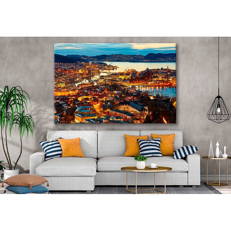 Bella Home Bergen City at Dusk, Aerial View, Norway Print Canvas Ready to hang