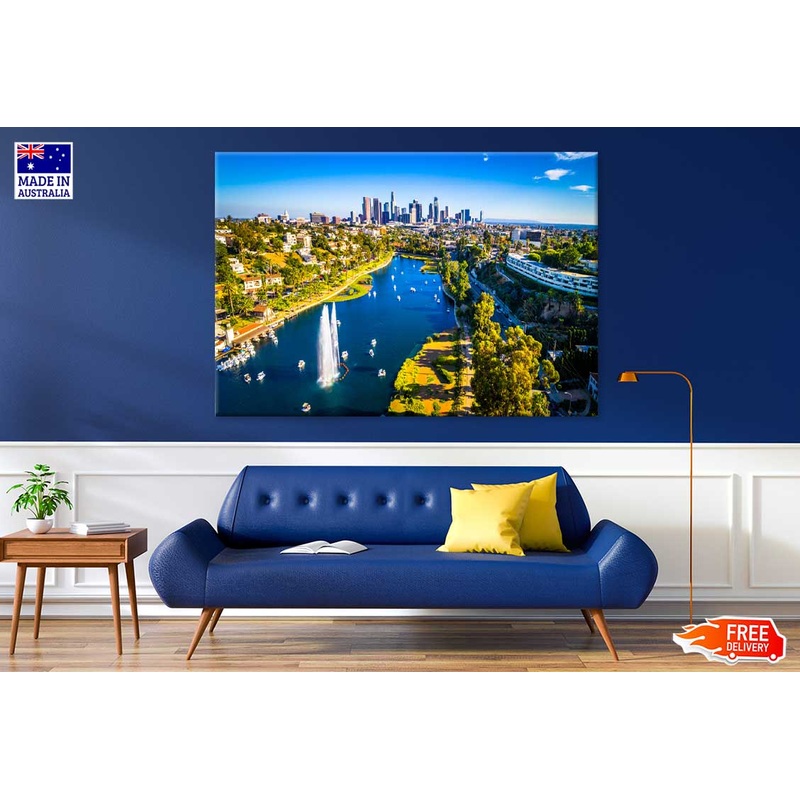 Los Angeles Skyline & Lake Aerial View Photograph Print 100% Australian Made