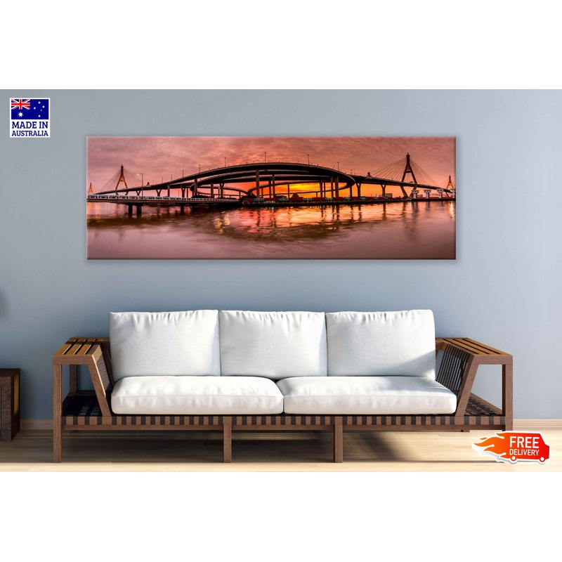 Panoramic Canvas Bhumibol Bridge Sunset View Photograph High Quality 100% Australian Made Wall Canvas Print Ready to Hang