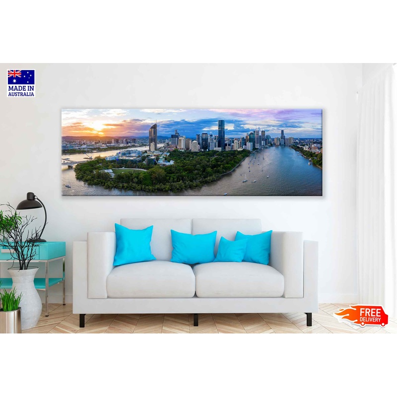 Panoramic Canvas Brisbane Skyline With Buildings High Quality 100% Australian Made Wall Canvas Print Ready to Hang