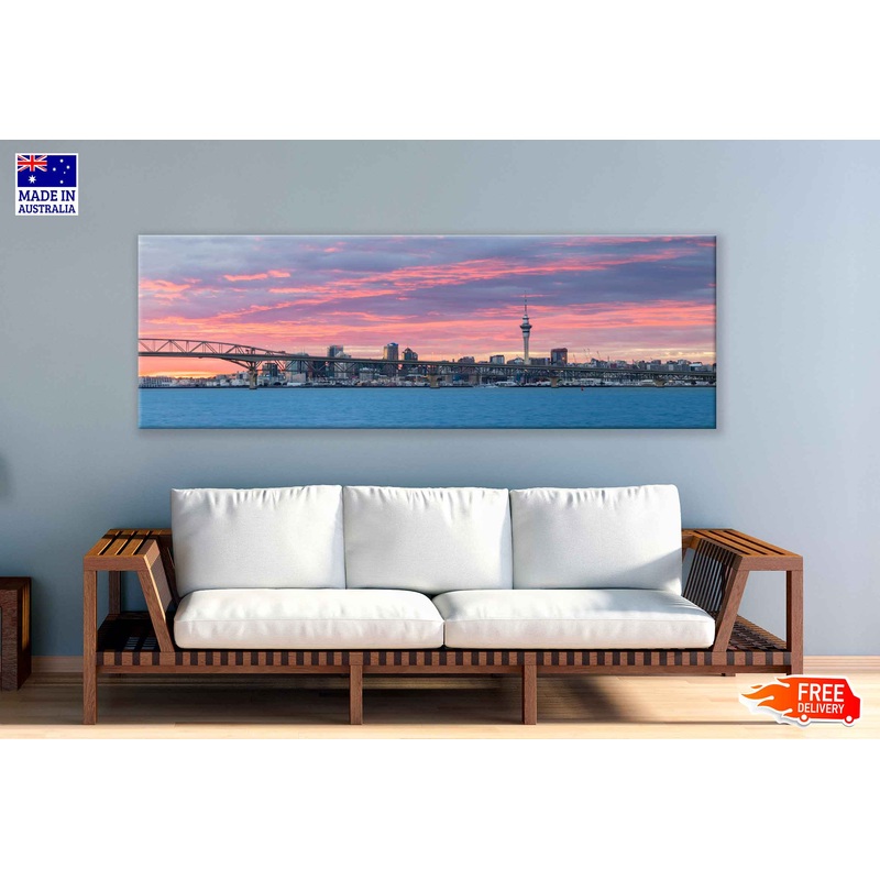 Panoramic Canvas City of Auckland With Pink Sky High Quality 100% Australian Made Wall Canvas Print Ready to Hang