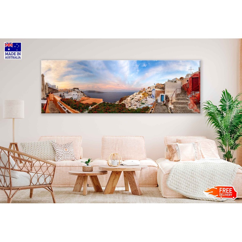 Panoramic Canvas Houses in Oia Town Sunset Sky Photograph High Quality 100% Australian Made Wall Canvas Print Ready to Hang